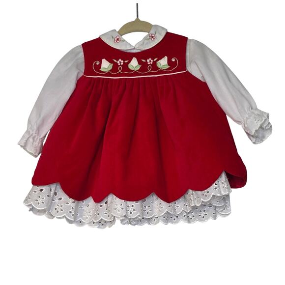 Baby Togs Other - Vintage 80s Baby Togs Embroidered Pinafore Dress 6-9 Months Red Velvet